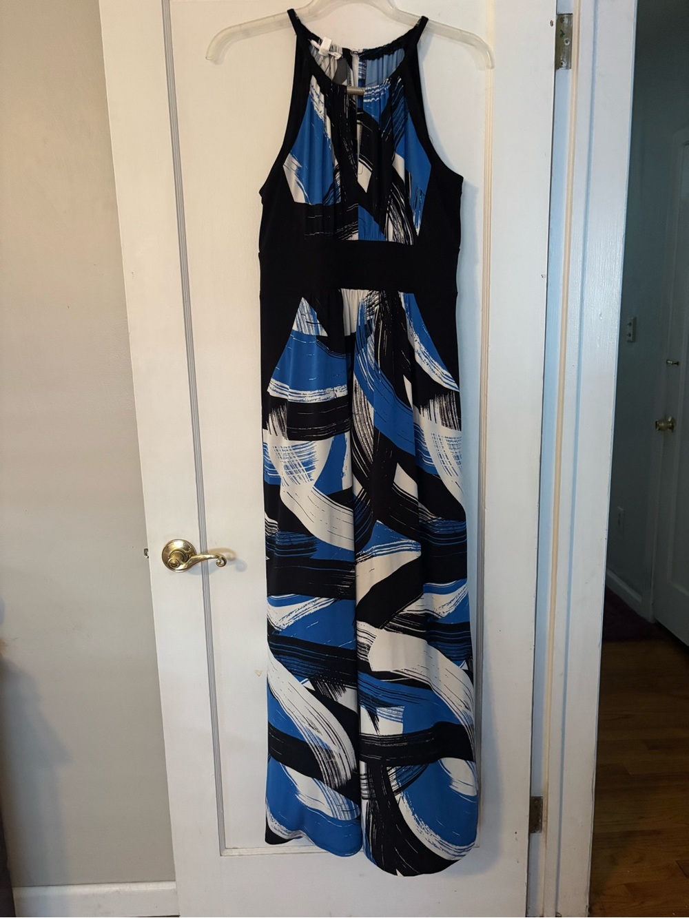 London Times Blue Black White Halter Maxi Dress